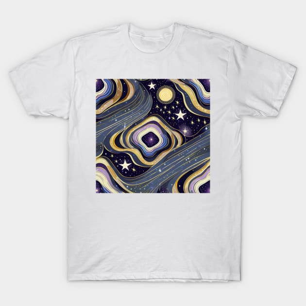 Geometric pattern of curved seamless stripes making a starry night with galaxy and stars T-Shirt by mooonthemoon